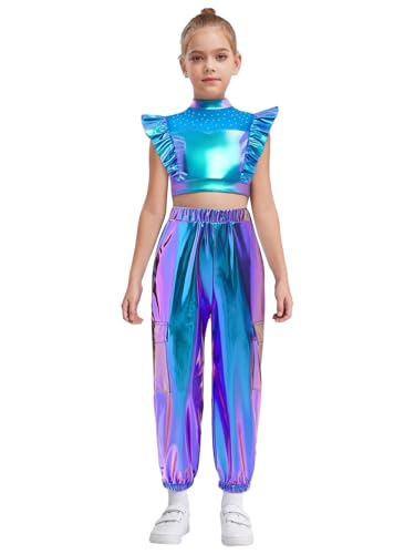 Miaeowve Chándal para niños y niñas, metálico, sin mangas, con volantes, pantalones de cintura alta, leggings de gimnasia, chándal, azul, 110-116