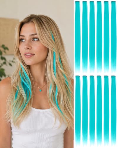 Turquoise Clip In Hair Extensions for Parties Festivals Night Out Birthdays & Dress Up No Dye No Damage 12 PCS Reusable Synthetic Hair for Girls Women & Teens Gift (Turquoise E-7)