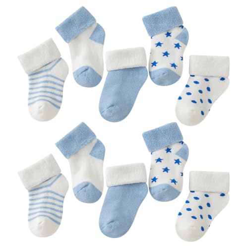 5 Pairs Unisex Baby Terry Cloth Socks - Newborn Winter Infant Soft Warm Ankle Socks - Blue