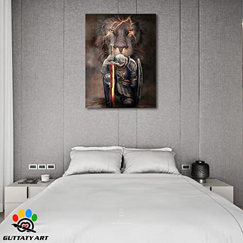 Lion King And Jesus Warrior Large Wall Art, Lion Animal Canvas Wall Art, Christian Warrior Canvas Painting For Living Room Decor, Jesus Warrior & Lion Poster For Men Room Wall Decor 28X40 Inches #TOP1