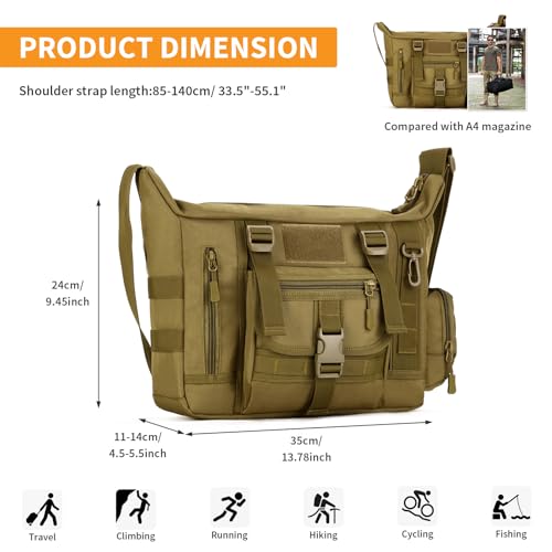 HUNTVP Taktisch Schultertasche Militär Crossbody Bag Sling Tasche Wasserabweisend Umhängetasche Messengerbag Aktentasche mit Verstellbar Schultergurt Outdoor,Braun