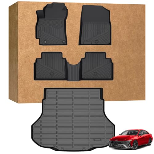 Floor Mats for 2021-2025 2026 Hyundai Elantra & Elantra N (Not for Hybrid) All Weather TPE Cargo Mat Floor Liners with 1st & 2nd Row Car Mats and Trunk Floor Mat