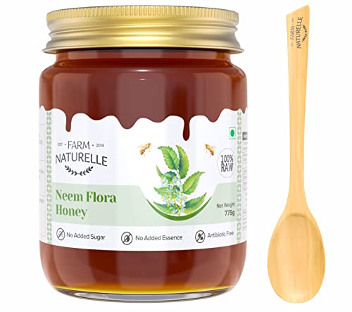 Image of Farm Naturelle Neem Forest Flower Wild Honey 700g + 75gm |100% Pure Honey | Raw & Unfiltered|Unprocessed|Lab Tested Honey In Glass Jar with Engraved Virgin Wooden Spoon