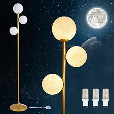 3 Globe Moon Floor Lamp for Living Room, Modern Gold Floor Lamp with 3D Printing Frosted Shade and LED Bulb, Mid Century Standing Lamp, 67" Metal Tall Pole Lamp for Bedroom Girls Room, Dresser, Office