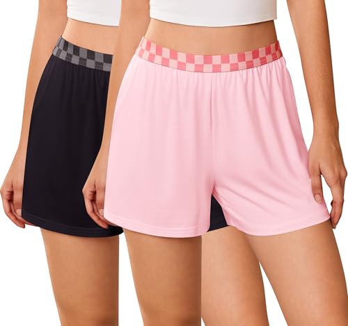 Image of Ekouaer Womens 2 Pack Pajama Shorts 2026 Comfy Elastic Waist Sleep Shorts Bamboo Viscose Soft Pj Bottoms with Pockets