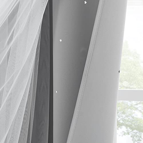 Pony Dance Blackout Curtains For Nursery - Stars Cutout Decor For Bedroom Aesthetic Window Treatment Double Layer Drapes Sheer Overlay, W 52 X L 84 Inches, Silver Grey, 2 Panels #TOP5