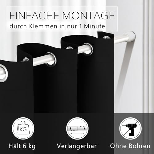 tinycurtains, Thermo Türvorhang mit Teleskopstange, einfache Montage in nur 1 Minute ohne Bohren (Türgardine schwarz H195 x B150 cm +… – Ansicht 2