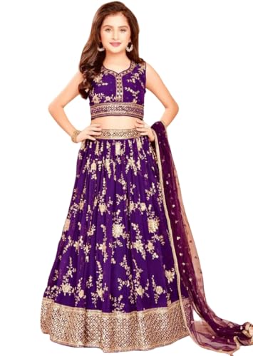 Traditional Purple Lehenga Choli for Girls, Gold Embroidered Floral Design, 3-Piece Wedding Dress with Dupatta