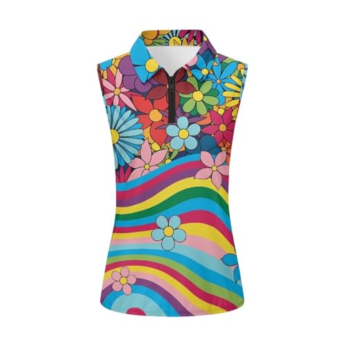 Spowatriy Hippie Flower Sleeveless Golf Shirts for Woman Zip Up Outfits Golf Tank Tops Plus Size