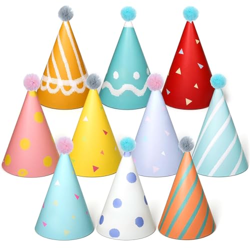 10 peças chapéus de festa de aniversário, lindos mini coloridos gorros de aniversário cone com pompões, chapéu de papel para decoração, para animais e pelúcias, decorações divertidas festas