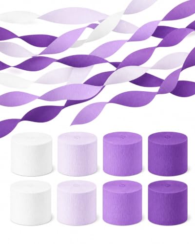 Image of 8 Purple Streamers with White, 656ft Pack of Crepe Paper Party Decorations | Each roll is 82 ft long and 1.8 Inch wide ideal for Birthday Party Decor, Baby showers and Princess Parties