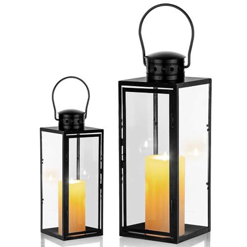 Laterne für Kerzen 2er-Pack, (24+35cm Hoch) Gartenlaterne Metall Laternen für Draußen Groß Windlichter Grablaterne Kerzenlaterne Glaslaterne Hängende Weihnachtstag Deko - Schwarz