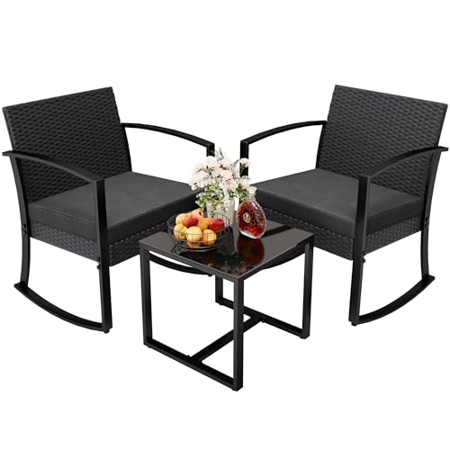 Image of Greesum 3 Pieces Outdoor Furniture Set Patio Bistro Rocking Chairs with Glass Coffee Table for Pool Beach Backyard Balcony Porch Deck Garden, Black