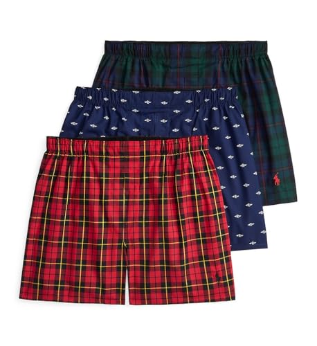 POLO RALPH LAUREN Mens 3-Pack Classic Fit Woven Boxers Wallace Tartan/Wingled PRL Print/Vermont Tartan Medium