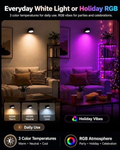 Image of Wall Mounted Lights, Rechargeable RGB Color Changing Light, 3 Color Temps & Remote and Touch, 360Rotation Dimmable Cordless for Study Bedroom Reading Bedside (Black)