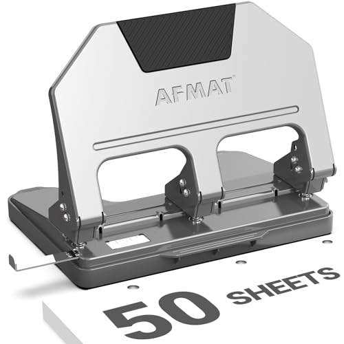 Image of AFMAT 3 Hole Punch Heavy Duty, 9 /32 inch Hole Diameter, 50-Sheet 3 Hole Puncher for Binder, 50% Reduced Effort, Metal Three Hole Punch w / 10,000+ Uses, Bulit-in S.S. Paper Guide, Large Chip Tray, HPX5