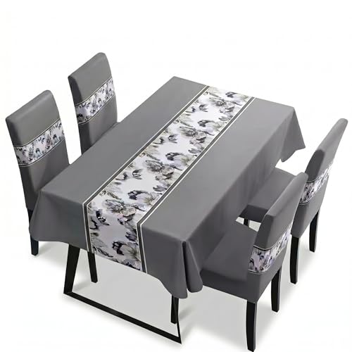 Image of Styleys Dining Chair Cover with Table Covers for Kitchen Waterproof Dining Table Cloth (1 Table Cover + 4 Chair Cover, Grey Flower, K716)