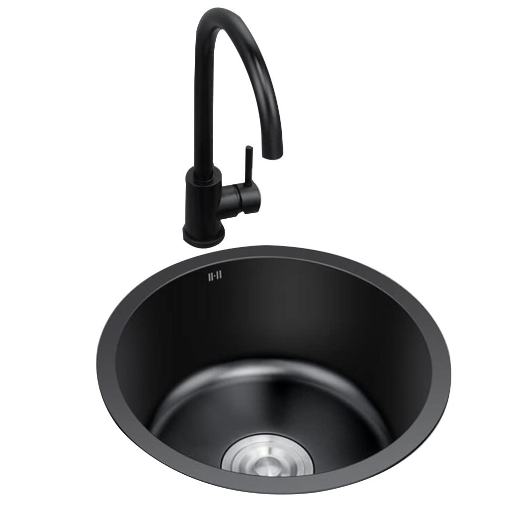WIQUYBML Single Bowl Black Stainless Steel Round Sink With Faucet Kitchen RV Apartment Mini Bar Washbasin Embedded Siphon (Color : BlackA, Size 40 * 40cm)