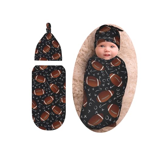 Image of Football Baby Stuff Swaddle Blanket with Beanie Set, Soft Football Baby Blankets Newborn Sleeping Sacks for Girls Boys