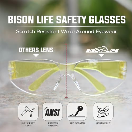 Image of BISON LIFE Clear Safety Glasses - ANSI Z87.1 Certified Scratch & Impact Resistant Eye Protection Goggles for Men & Women