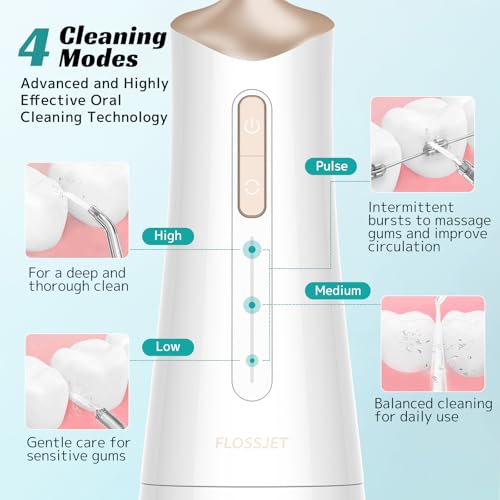 Image of FlossJet Water Flosser for Teeth, 2026 Upgraded Portable Dental Irrigator with 260ml Removable Tank, 4 Cleaning Modes & 5 Jet Tips, IPX6 Waterproof, 1300 mAh Rechargeable Battery Teeth Cleaner