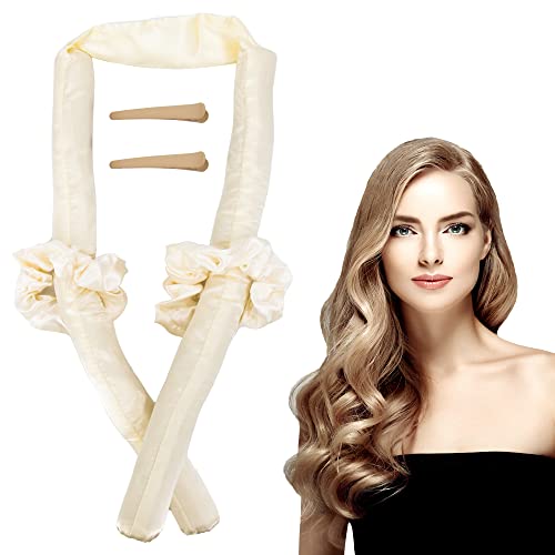 Time to Sparkle 1 SET New Hair Curlers With two ties and two duckbill clips to Sleep In Naturally and No Damage Heatless Curler for Long and Medium Beige