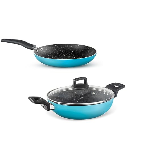 Image of Borosil Festive Glory Non-Stick Set of 3 Kadhai (24 cm), Fry Pan (24 cm) & 1 Lid, Gas Stove & Induction Compatible, Metal Spoon Friendly, Blue Exterior, Stir Fry Pan, Prantha Tava, Kadai for Deep Fry