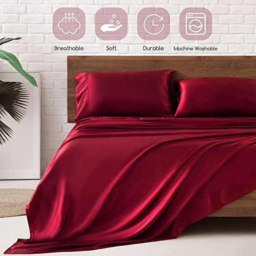 Image of MR&HM Satin Bed Sheets, Twin Size Sheets Set, 3 Pcs Silky Bedding Set with 15 Inches Deep Pocket for Mattress (Twin, Burgundy)