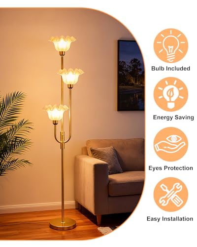 Image of Lightdot 66IN Flower Floor Lamp 3-Lights Vintage Floor Lamps with 3000K Bulbs Included for Wedding Party Modern Dimmable Gold Tall Standing Lamp with 5Lbs Heavy Base for Living Room /Bedroom /Sofa