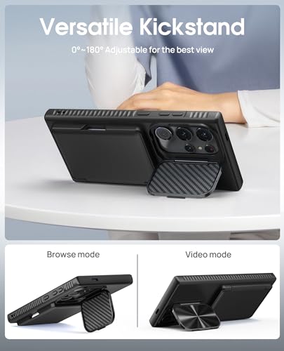 Image of Vihibii for Samsung Galaxy S24 Ultra Back Cover with Card Holder (4 Cards) & Stand & Camera Protective Cover, Hard Back Soft Edge Shockproof Kickstand Phone Case for Samsung S24 Ultra 6.8 inch, Black