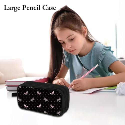 Image of WOBAGMEN Double Layer Pencil Case with Handle Large Pencil Bag Cute Print Pencil Pouch for Boys Girls (pink bow polka dots)