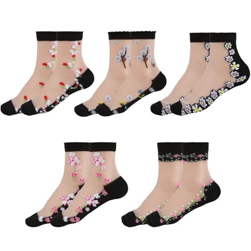 5 Pairs Women's Sheer Floral Ankle Socks - Transparent Black Lace Ultra-Thin See-Through Fancy Hidey Mesh Socks for Girls -  Lusofie, 610659_1_CT7FnkLd