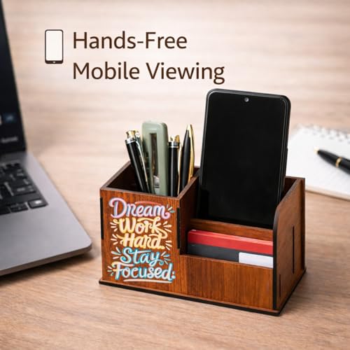 Image of Handcrafted Wooden Pen Holder & Mobile Stand | Desk Organizer for Office, Home & Study Table | Pen Pencil Stand with Card Holder (6.75x3.75x2.5 Inch) (Dream Work Hard Stay Focused)