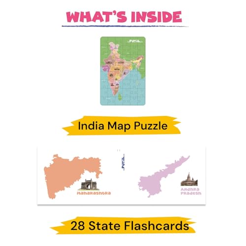 Image of India Map Puzzle for Kids 5+ Years | 48 Piece Jigsaw Puzzle with 28 Flash Cards | Educational Toy, Learning Game, Vibrant Design, Brain Development Gift for Boys & Girls