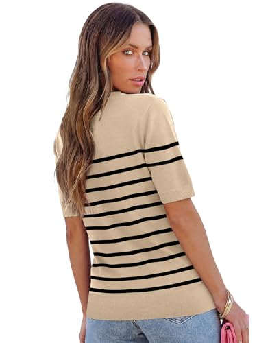 RUMIA Striped Sweaters for Women Crewneck Short Sleeve Tops Beige S — view 5