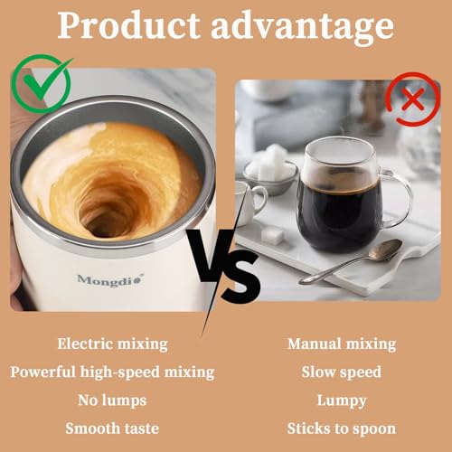Mongdio Self Stirring Coffee Mug, 13.5 oz, White, Auto Stirring, Temperature Display, USB Charging, Modern Style, For Coffee, Milk and Other Beverages
