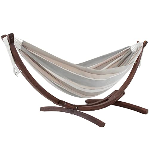Durable Double Hammock With Stand Included Rust Weather Resistant Pine Wood Material Thick Strong Rope Size 41"H X 47"W X 102"D | Cozy Outdoor Chilling Bed Swing Solid Pattern Pretty Dove Beige Color #TOP14