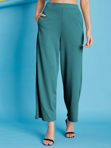 Image of Selvia Women's Solid Ribbed Lycra Elastic Regular Fit Wide-Leg Trouser