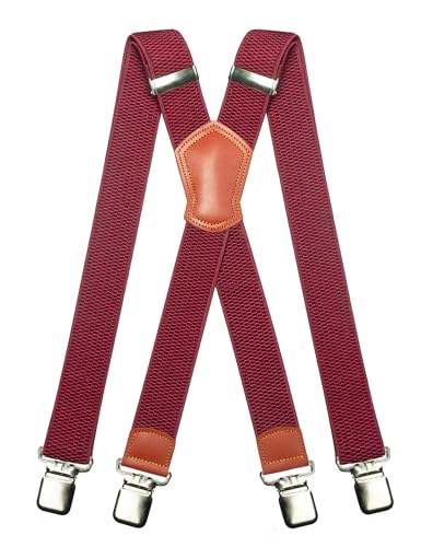 JEMYGINS Bretelle da uomo larghe 3,8 cm con 4 forti clip in metallo, lunghe, taglia unica, regolabili ed elastiche, stile X per uomini e donne, Granata, M