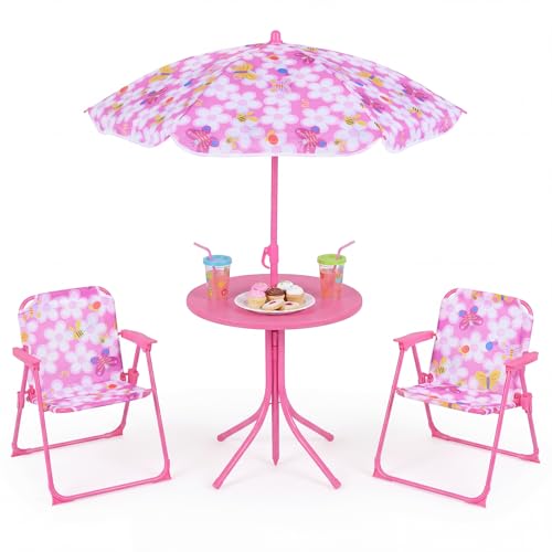 KOTEK Kids Picnic Table with Umbrella, Outdoor Table & 2 Folding Chairs, Cute Pattern Children’s Patio Furniture, Portable Kids Table and Chair Set for Backyard, Garden, Beach (Pink Flower)