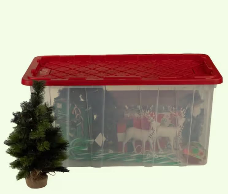 77 Gal. Tough Storage Tote with Wheels in Clear Yellow or Red Lid (Clear with Red lid with wheels)