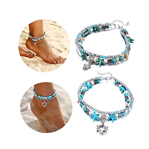 Image of Softones Blue Starfish Turtle Anklet Multilayer Charm Beads Sea Handmade Boho Anklet Foot Jewelry for Women