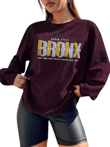 Image of CHKOKKO Oversized Round Neck Drop Shoulder Printed Polyester Full Sleeves T-Shirt for Women
