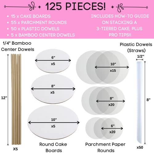 Little Ladle Cake Boards Kit - 10 Inch, 8 Inch, 6 Inch Cake Cardboard Rounds, Parchment Paper Rounds And Cake Dowels - Cake Board Tier Stacking Support - Cake Plates - 125 Pcs #TOP1