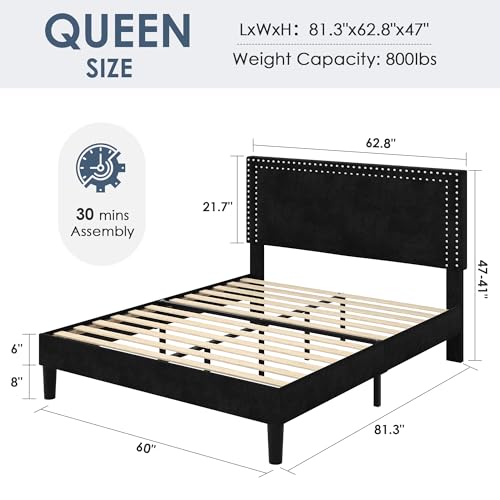 Image of VECELO Queen Size Platform Bed Frame with Height Adjustable Upholstered Headboard, Modern Mattress Foundation,Strong Wood Slat Support, No Box Spring Needed, Easy Assembly,Black