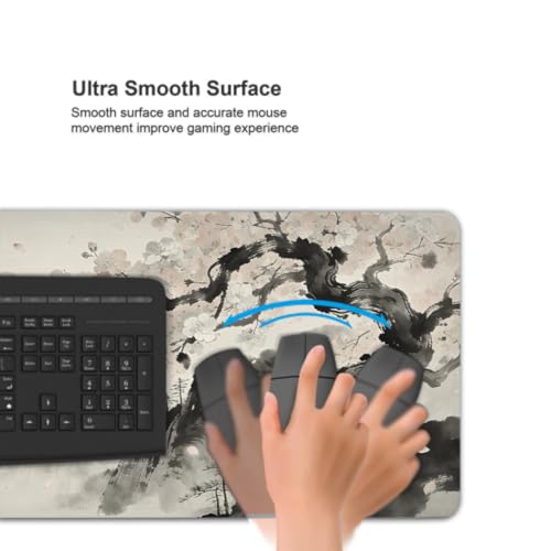 Image of Watercolor Painting Japanese Mouse Pad 35.4x15.7 XXL Red Black Grey Cherry Blossoms Extended Large Mousepad Keyboard Mouse Mat Desk Pad with Non-Slip Rubber Base Stitched Edges for Home Office Game