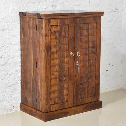 Image of Solid Sheesham Wood Bar Unit Cabinet with Storage Bottle Shelves & Built-in Glass Holder Wooden Drink Wine Rack Organizer for Living Room, Home & Lounge Dining Cupboard Liquor Furniture