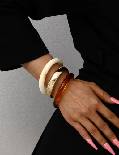 Image of Chunky Gold Bangle Bracelets for Women, Dainty 14k Gold Plated Big Stackable Bangles Set, Trendy Statement Cuff Bracelet Stack Fashion Jewelry Gifts