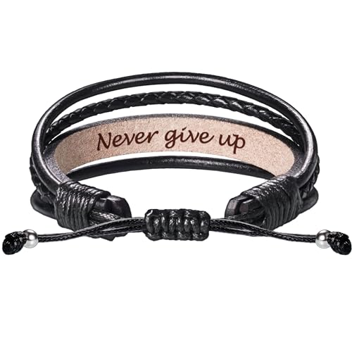 Leather Bracelets for Men Women Inspirational Gifts for Him Her Handmade Black Braided Motivational Birthday Gift for Boyfriend Husband Dad Anniversary Christmas Mens Stocking Stuffers