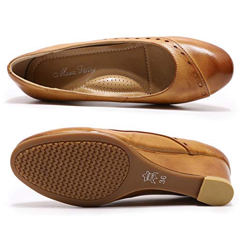 Mona flying Women's Leather Closed Toe 2 Inch Mid Wedges Heels with Arch Support Round Toe Comfortable Dress Pumps for Women Ladies4